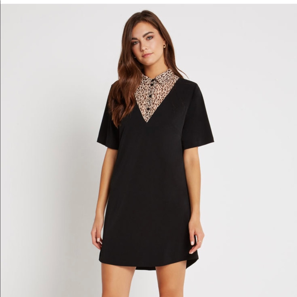BCBGeneration Black Shift Dress w Cheetah Collar